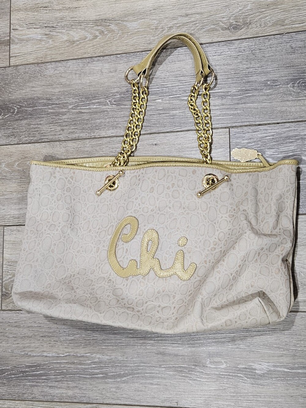 Chi By Carlos Falchi Cream Shoulder Tote with Gold Chain Straps